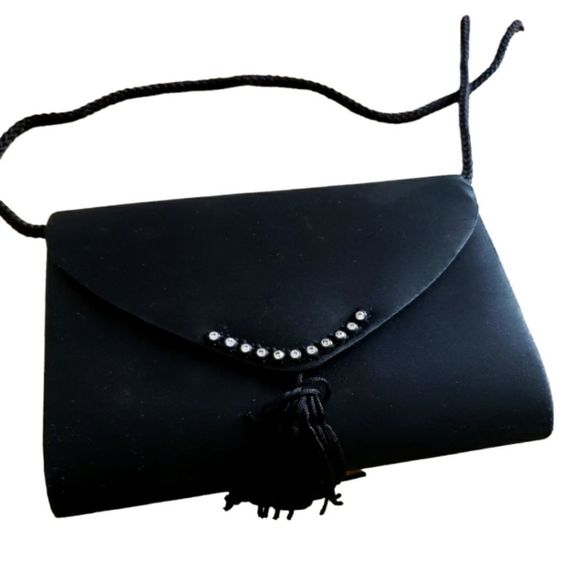 Source Unknown Handbags - CT1360a Small Black Crystal Evening wallet crossbody with straps.